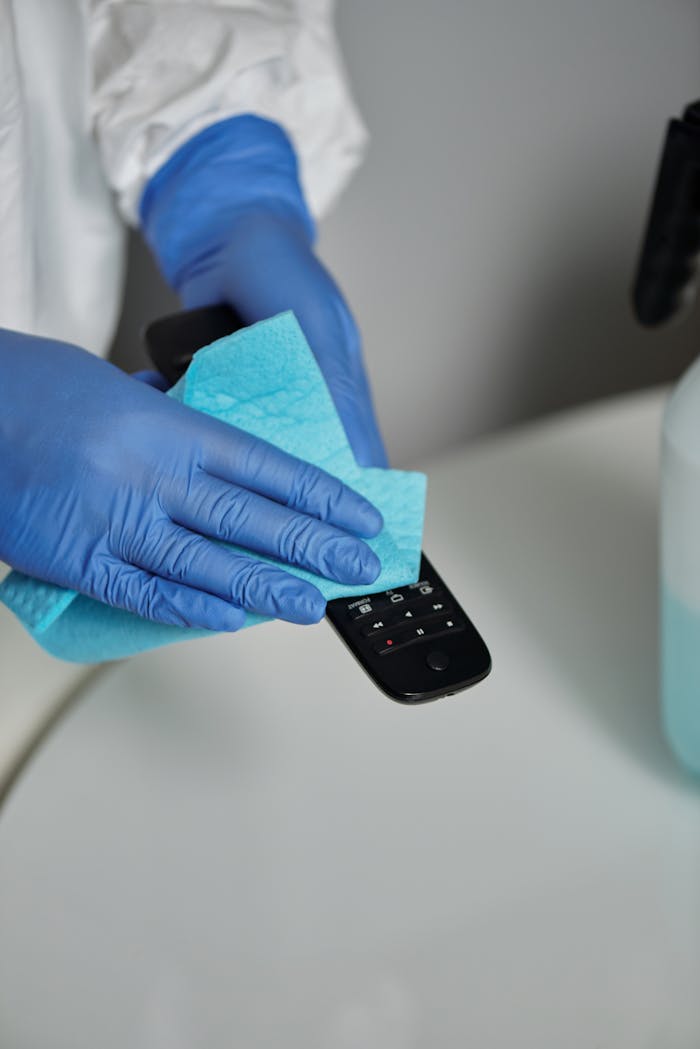 Close-up of gloved hands sanitizing a remote control with disinfectant wipe.